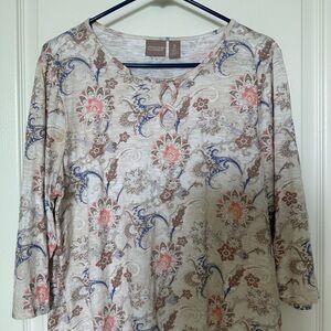 Chico's Paisley Floral Long Sleeve Top - Cream, Pink, Blue. Cotton. Size 2
